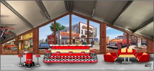 Oldtimer-Garage im American Vintage Style mit Retro-Dekoration