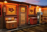 Durchgehende Showroom-Kulisse mit Werkstatttüren, Vintage-Schildern und Retro-Dekoration