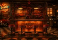 Beleuchtete rostrote Motor-62-Dinerbar mit vier Metallhockern und Hot Rods