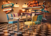 Türkise, gelbe und violette Dinerstühle mit Tisch vor einer Drive-in-Wandkulisse