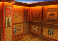 Warm beleuchtete Garagenwand mit Backsteinoptik, Route-66-Schild und Vintage-Werbung