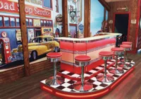 Dinerbar mit roter Theke vor einer amerikanischen Panoramawand