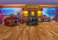 Oldtimergarage mit Retro-Bar, Motorrad und amerikanischer Tankstellenkulisse