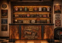 Rostfarbene Motor-62-Werkstatttheke mit Hockern, Öldosen und Oldtimer im Hintergrund