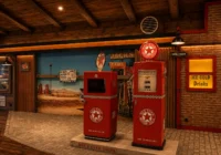 Zwei rote historische Tanksäulen vor einer Garage mit Backstein- und Holzfassade