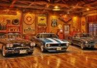 Drei klassische US-Fahrzeuge in einer warm beleuchteten Garage mit Route-66-Dekoration