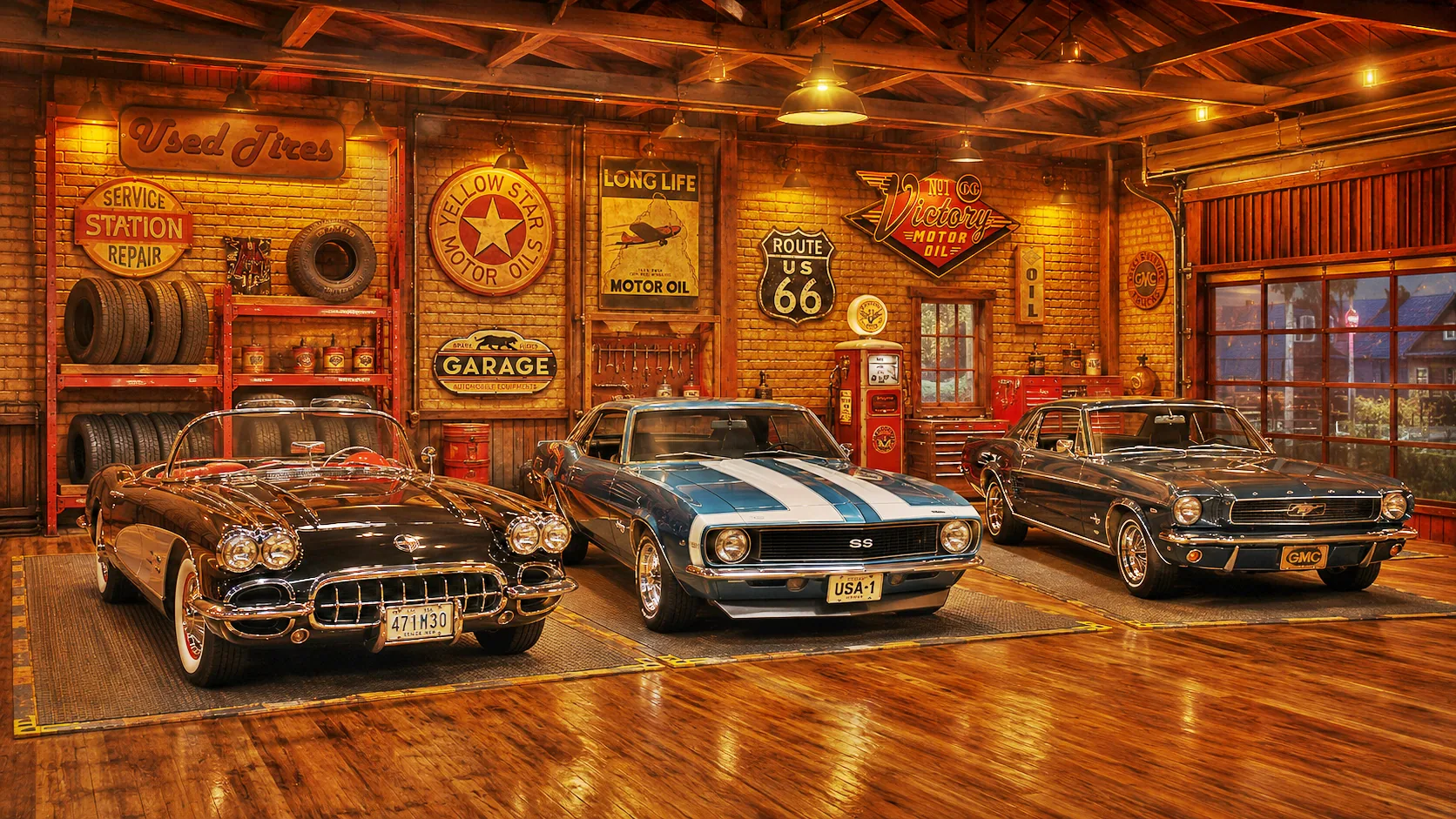 Drei klassische US-Fahrzeuge in einer warm beleuchteten Garage mit Route-66-Dekoration