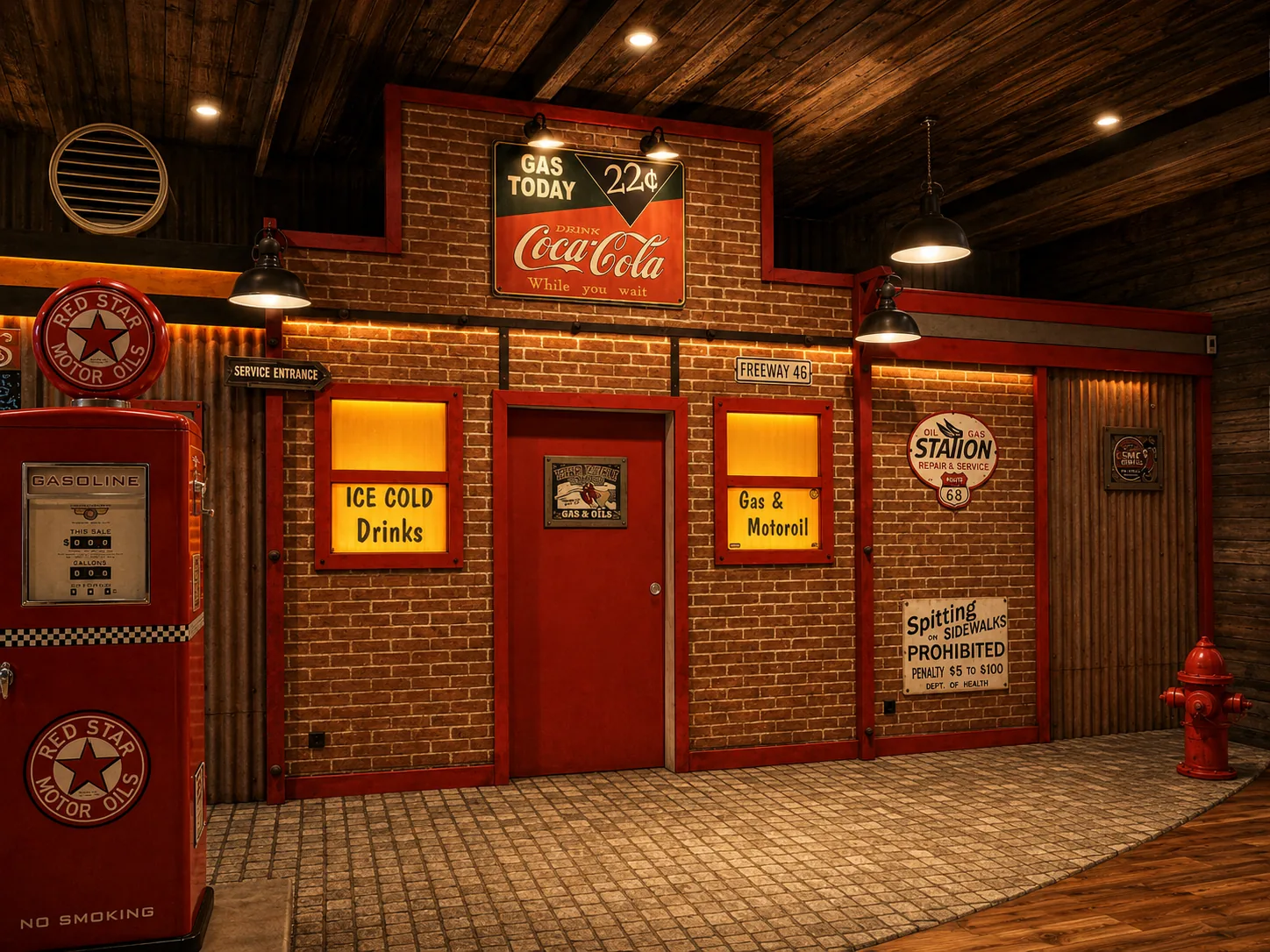 Backsteinfassade einer alten Tankstelle mit roten Garagentoren, Tanksäule und Coca-Cola-Schild