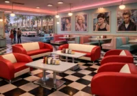 Grosszügige rot-weisse Diner-Lounge mit Sitzgruppen, Musikbox und klassischen Fahrzeugen