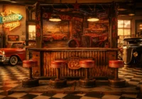 Rostrote Dinerbar mit vier Hockern und Oldtimern in einer Garage im Route-66-Stil