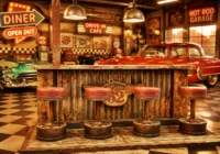 Rostrote Motor-62-Diner-Theke mit vier Hockern zwischen zwei klassischen Hot Rods